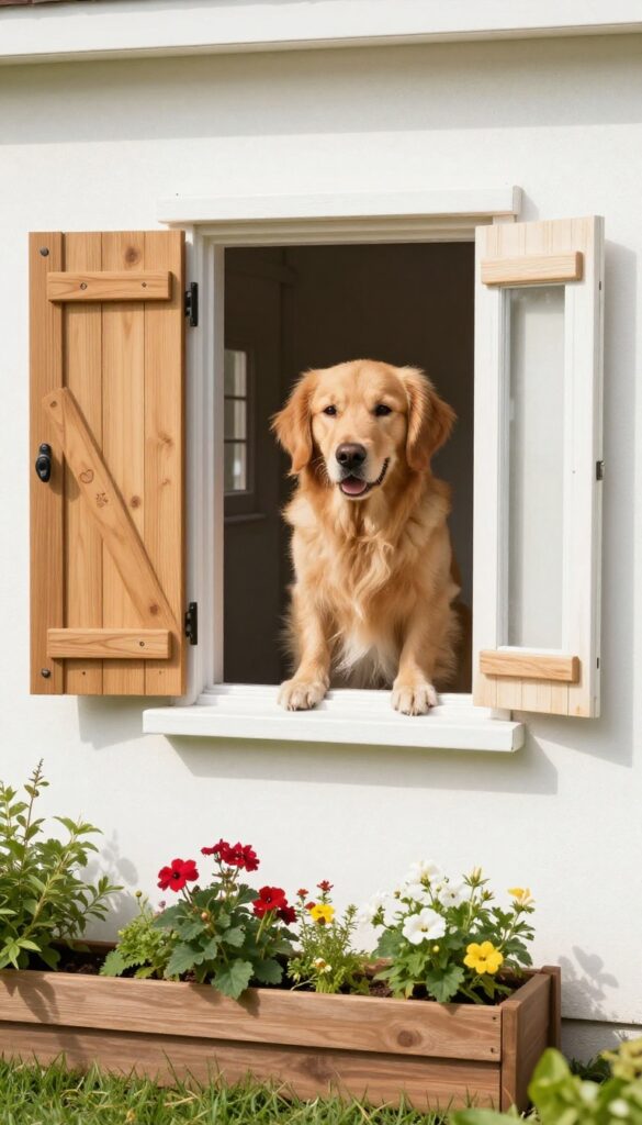 Dog house with window and flower box in sunny backyard