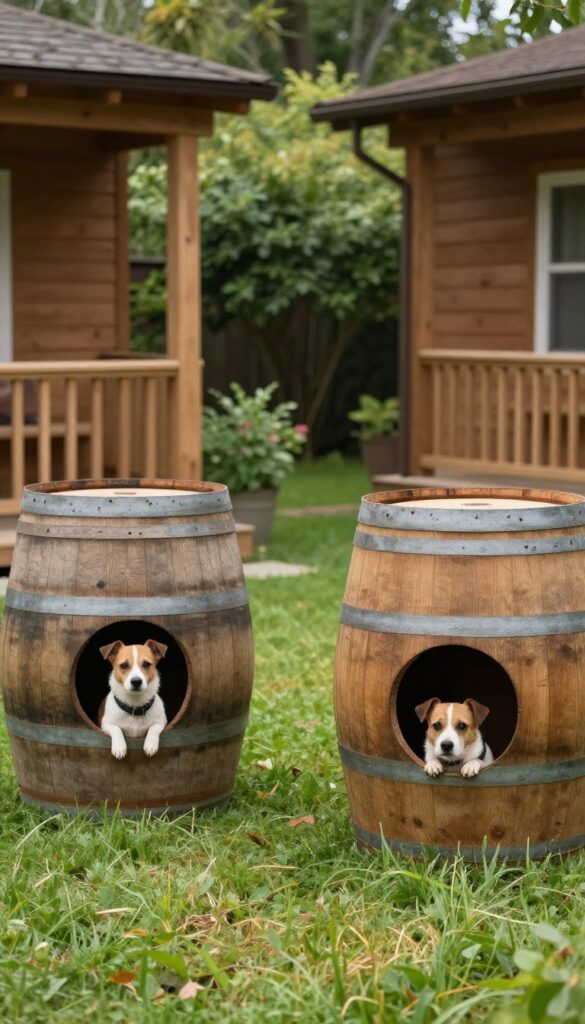 Two-barrel dog house for multiple dogs in rustic style