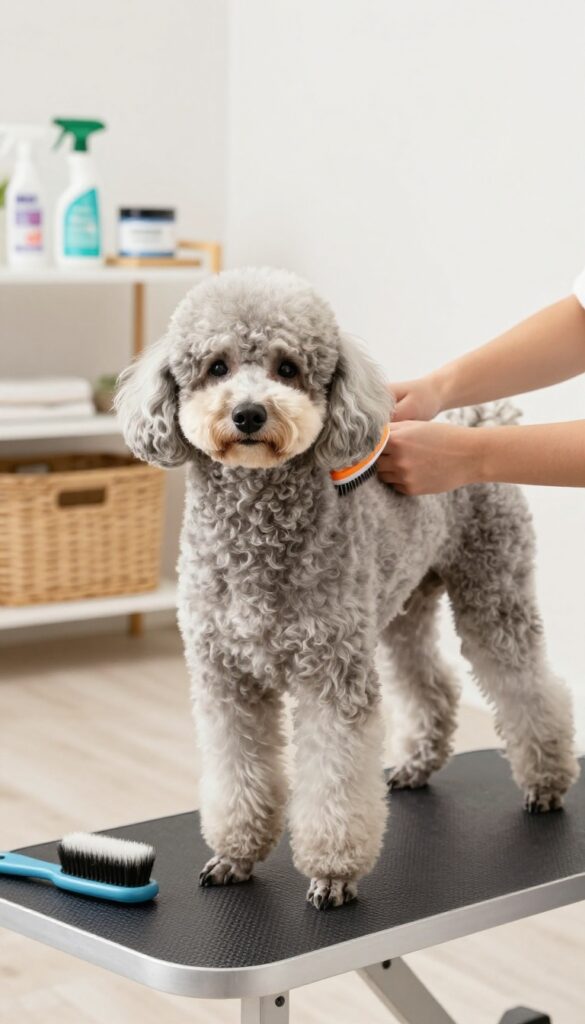 A groomed Poodle being brushed at home with grooming products like a brush and detangling spray visible in a bright, organized setting.