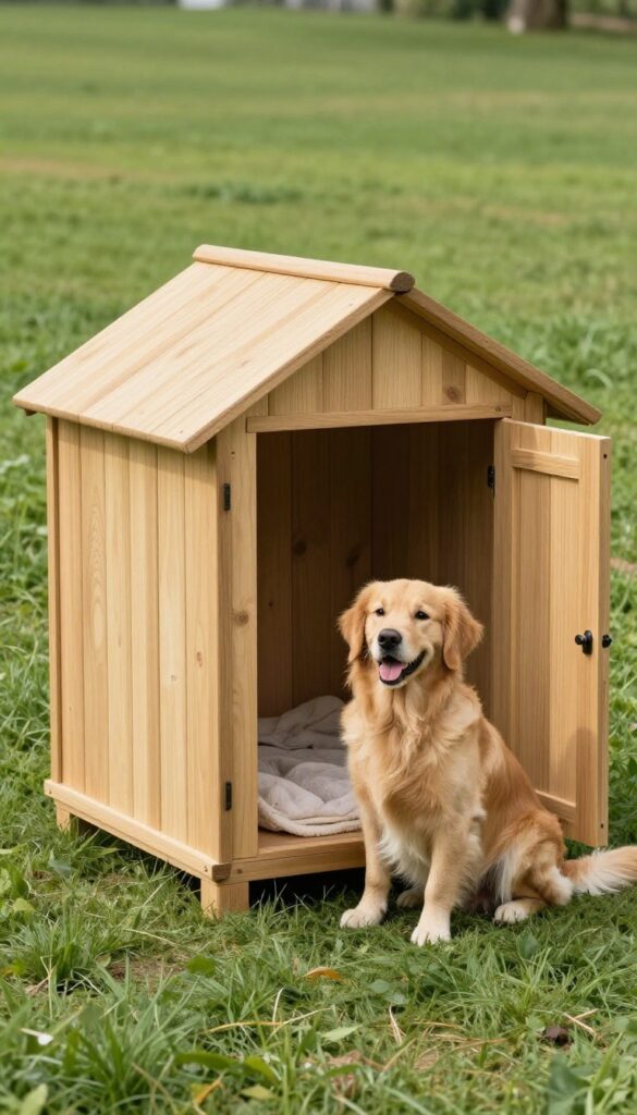 Convertible dog house with removable panels in a sunny backyard, golden retriever beside it.