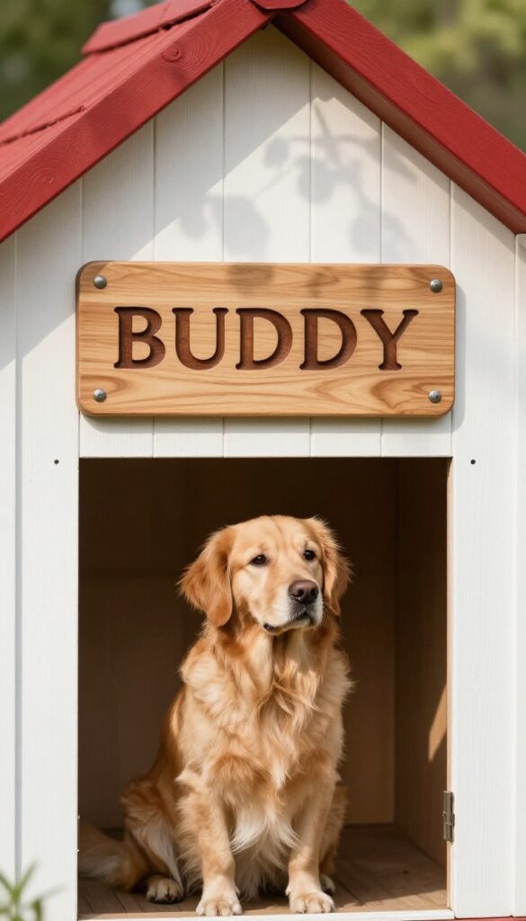 Classic wooden nameplate on dog house with golden retriever