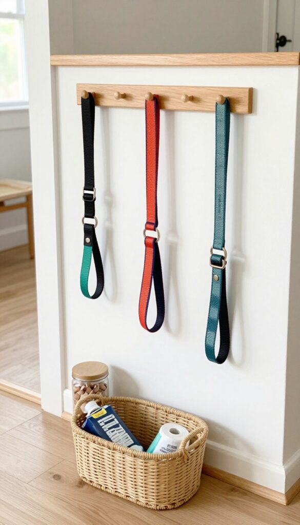 Wall hooks organizing dog leashes and collars in a bright entryway with a basket for poop bags and treats.