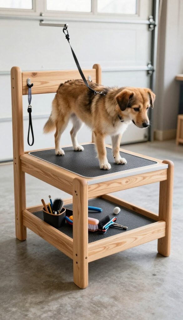 A DIY wooden dog grooming table with a built-in leash hook in a bright workshop setting, showing a calm dog secured on the table with grooming tools nearby.