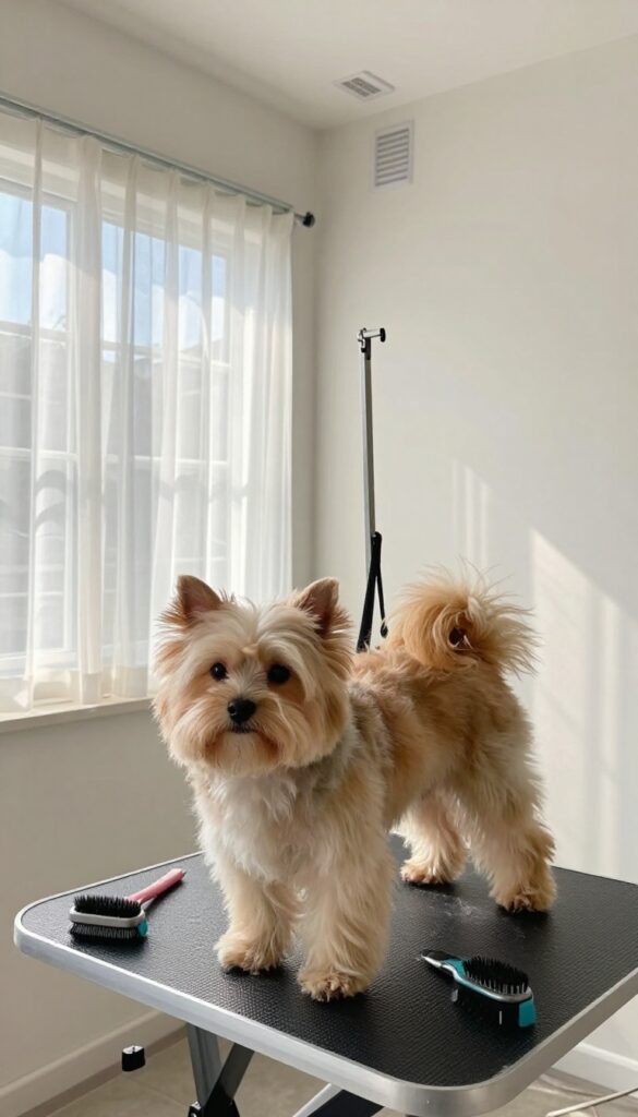 A backyard dog grooming shed with proper ventilation and natural lighting, featuring open windows, sheer curtains, and a calm dog on a grooming table in a clean, inviting space.