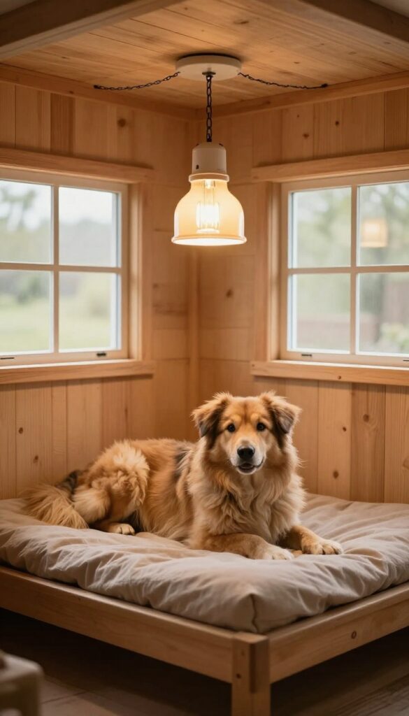 DIY heated dog house with a ceiling-mounted ceramic heat lamp providing warmth to a cozy dog inside.
