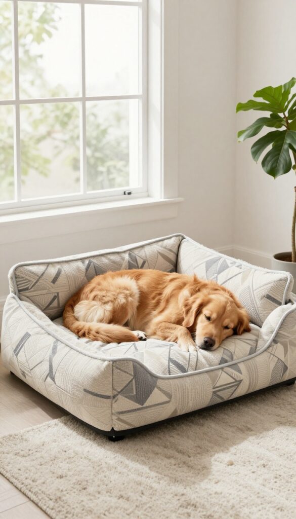 A stylish, washable dog bed with a geometric pattern in a bright living room, with a golden retriever resting on it.
