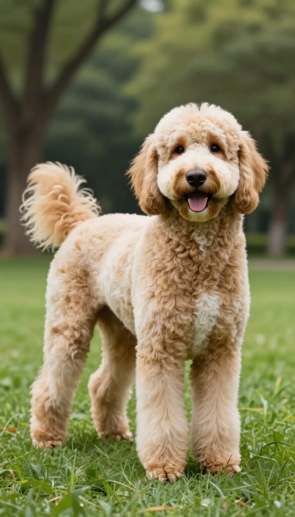A Goldendoodle with a Lamb Cut haircut in a park, showcasing the short torso and long legs for style and practicality.