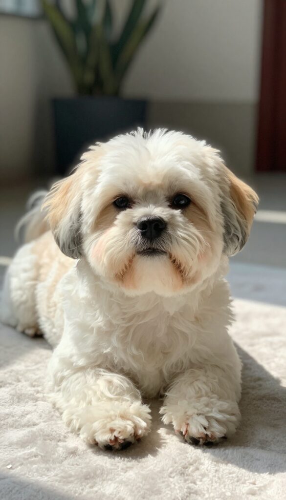A Shih Tzu with a summer grooming trim showing shorter belly fur, lying relaxed in natural light to illustrate cooling comfort for warm weather.