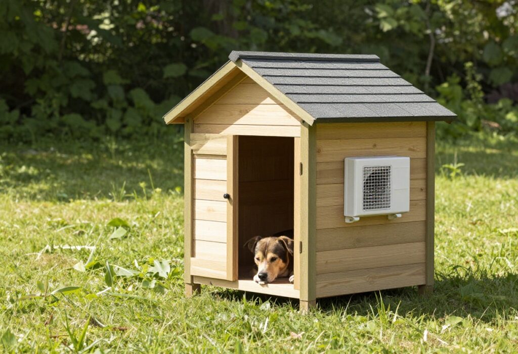 Dog house with AC unit installed, dog resting nearby on grass.
