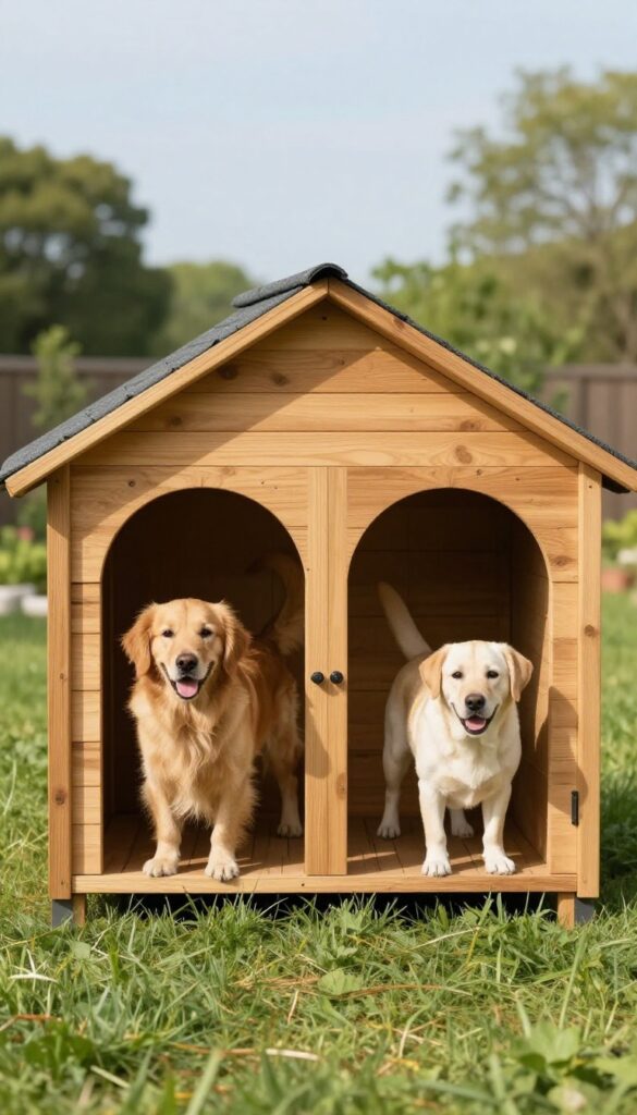 Two-room dog house with separate entrances for two dogs in a sunny backyard