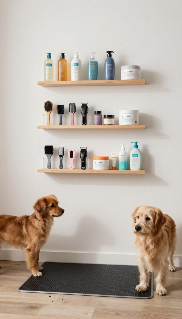 A tidy dog grooming station with organized supplies on shelves and organizers in a bright corner.
