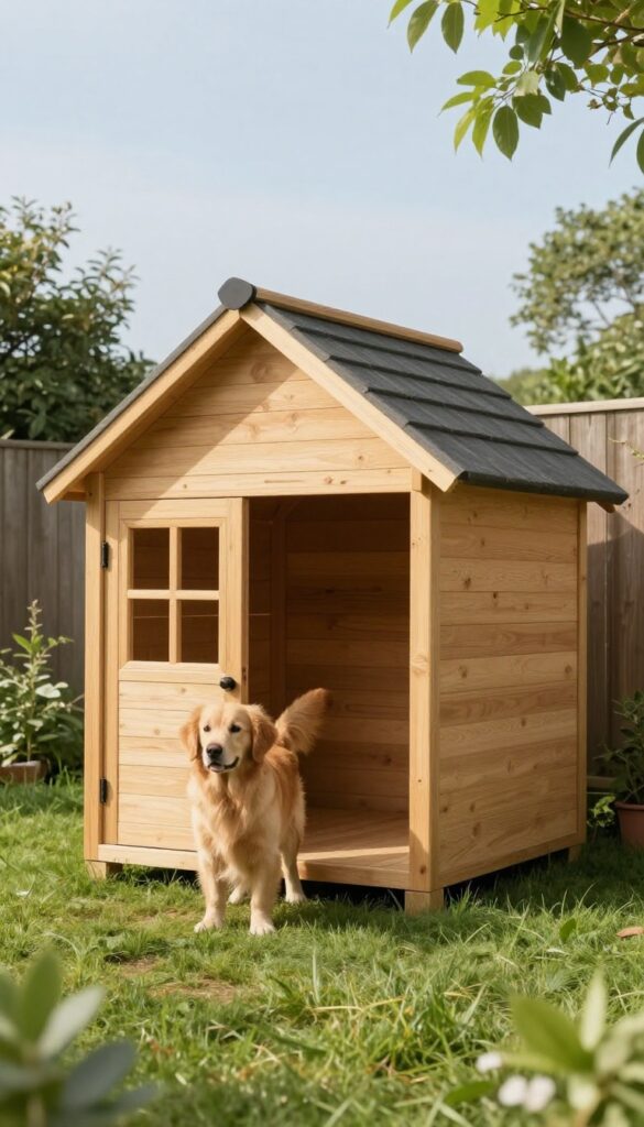 Wooden dog house with Dutch gable roof in sunny backyard, dog looking inside