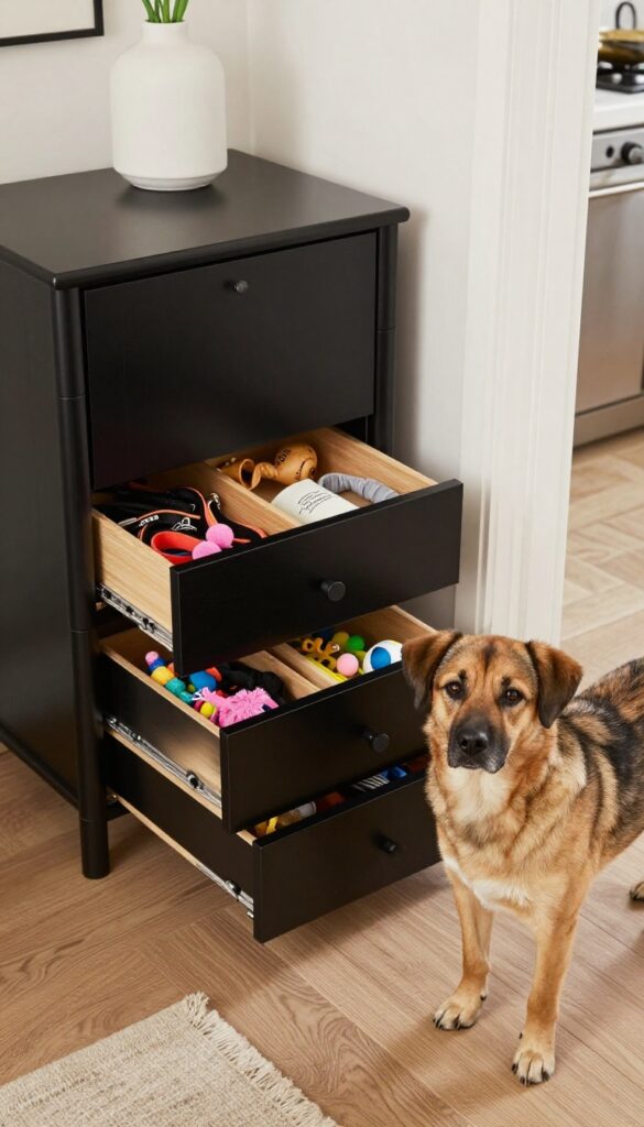 A black bamboo dog feeding station with drawers for organization in a bright corner of a home.
