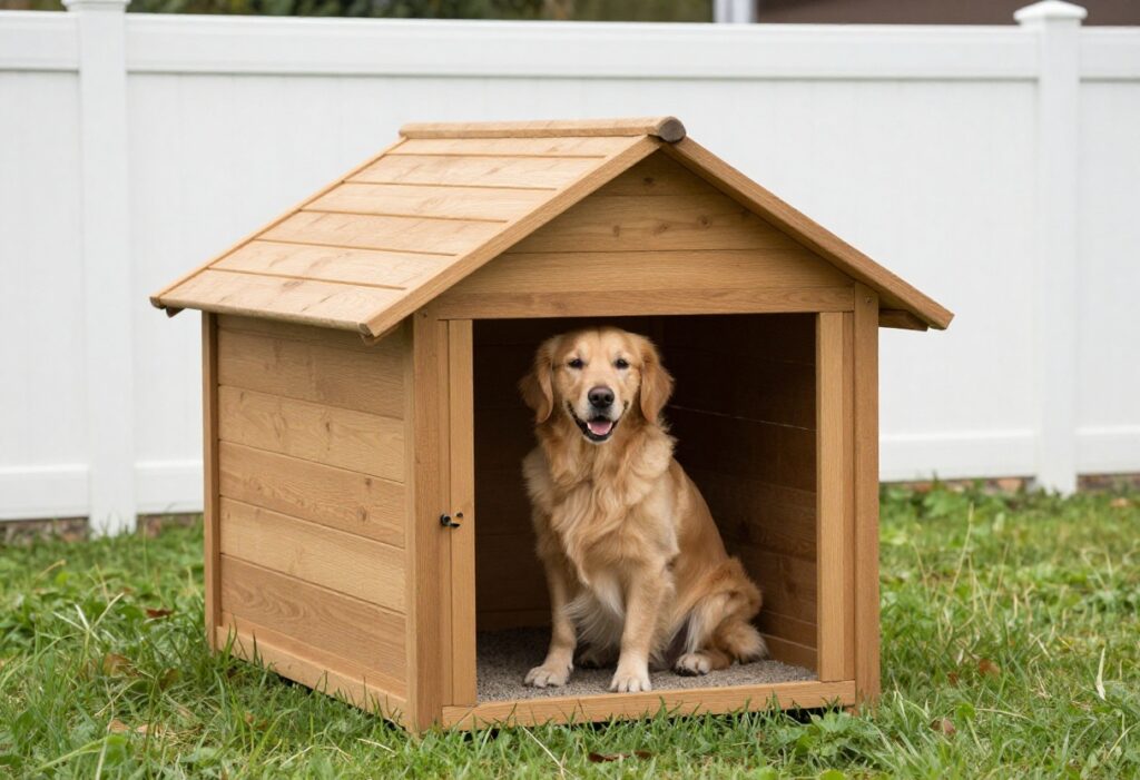 Custom wooden dog kennel in a side yard with a golden retriever sitting at the entrance.