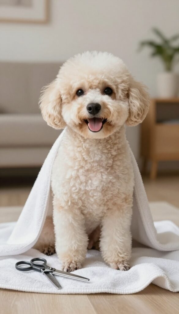 A poodle with trimmed face fur sits calmly next to rounded-tip grooming scissors on a towel, illustrating safe at-home grooming in natural light.