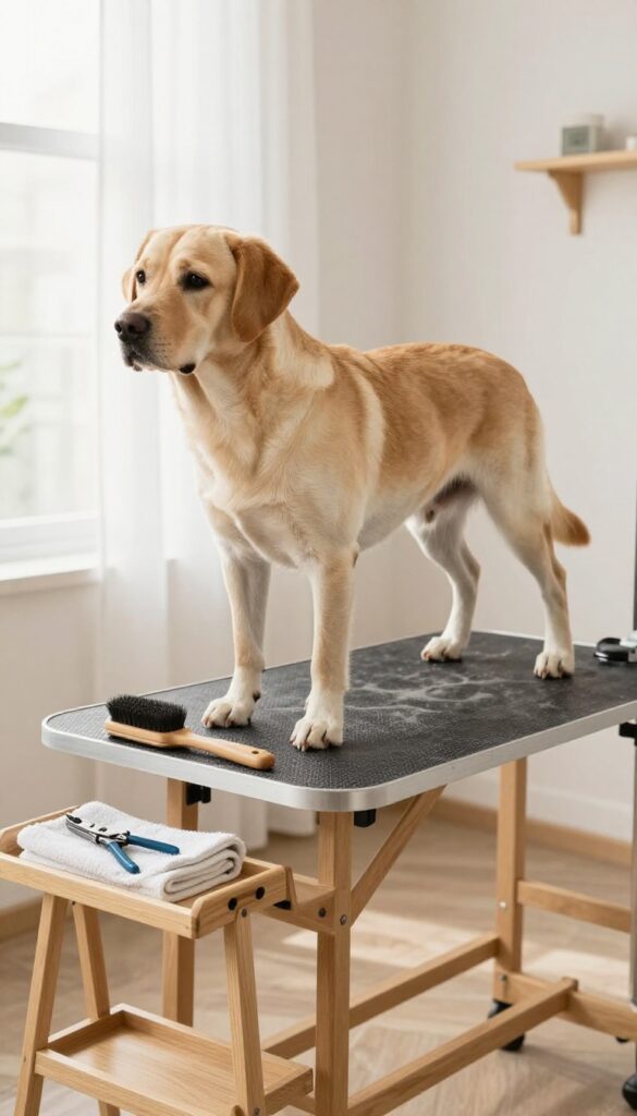 A Labrador standing on a non-slip mat in a simple home grooming corner with basic tools nearby