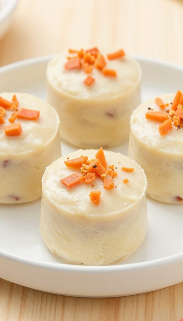 Frozen apple carrot crunch cups for dogs, showing a refreshing treat with a textured carrot mix in a simple, clean composition.