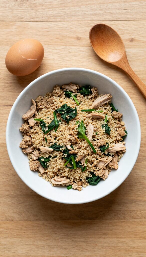 Homemade dog food bowl with turkey, quinoa, spinach, and egg on a wooden table.