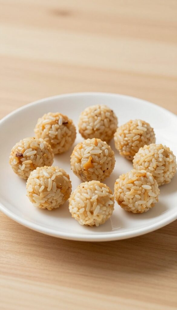 Homemade chicken rice mini balls for dogs, soft and moist treats on a plain plate, ideal for sensitive stomachs, no text or branding.