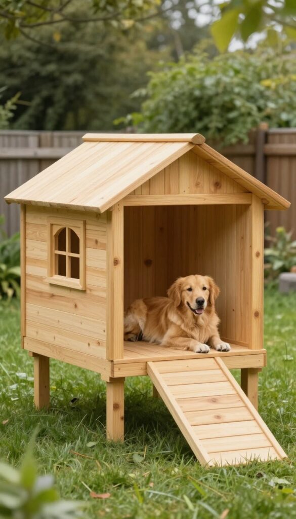 Elevated dog house with wraparound porch and Golden Retriever resting on the deck