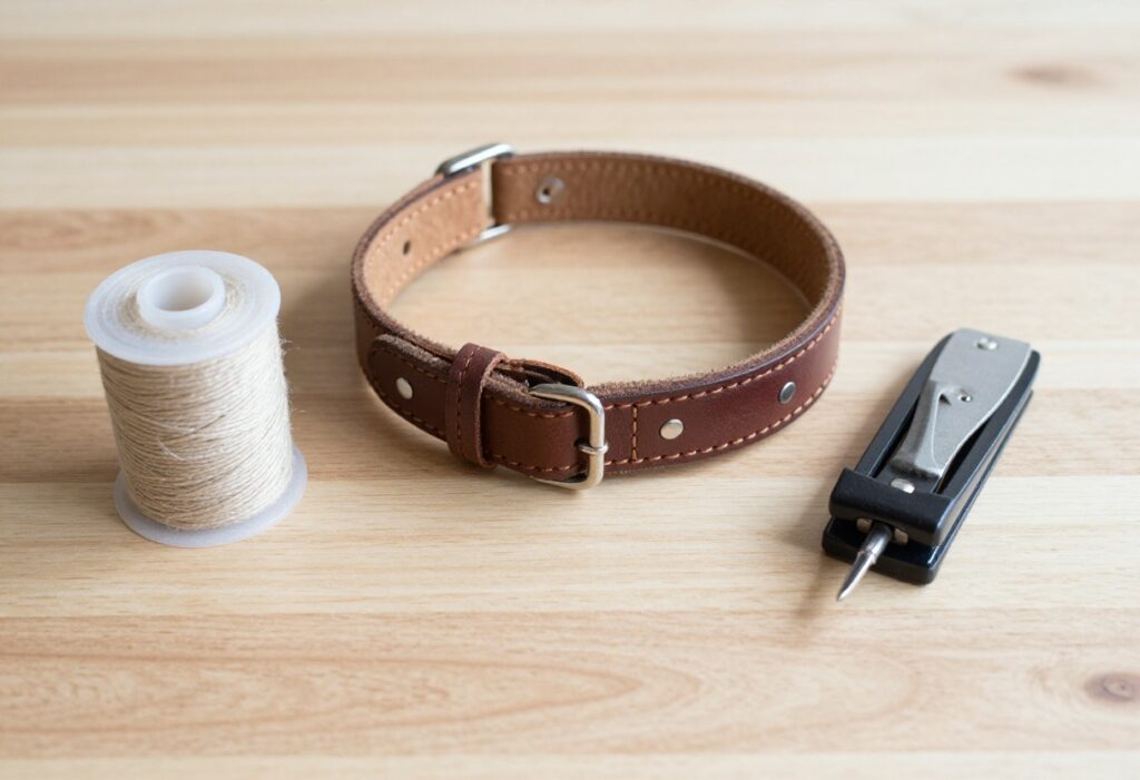 A handmade leather dog collar with hand-stitching, tools, and materials on a wooden surface, representing DIY dog accessories in a bright, natural setting.