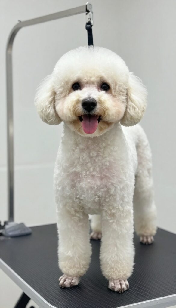 A poodle with a Classic Puppy Cut groomed evenly all over, standing on a non-slip mat in a well-lit home grooming area, showcasing low-maintenance style for easy upkeep.