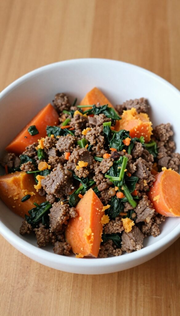 A homemade dog food recipe with ground beef, sweet potato, carrots, and spinach in a bowl, showing a hearty and healthy meal for active dogs.