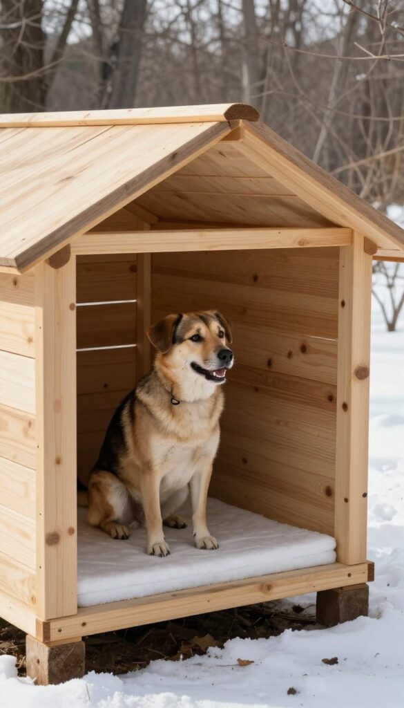DIY insulated dog house with raised floor and visible insulation between joists, dog sitting on floor near entrance