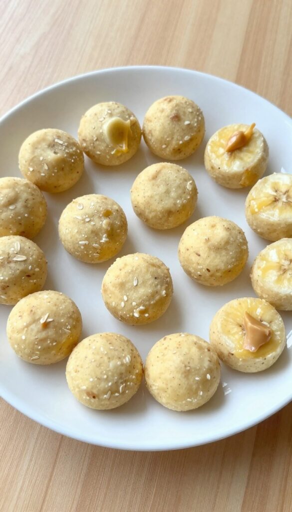 Frozen peanut butter banana bites for dogs, arranged on a plain plate, showcasing homemade dog treats with a creamy texture and natural ingredients.