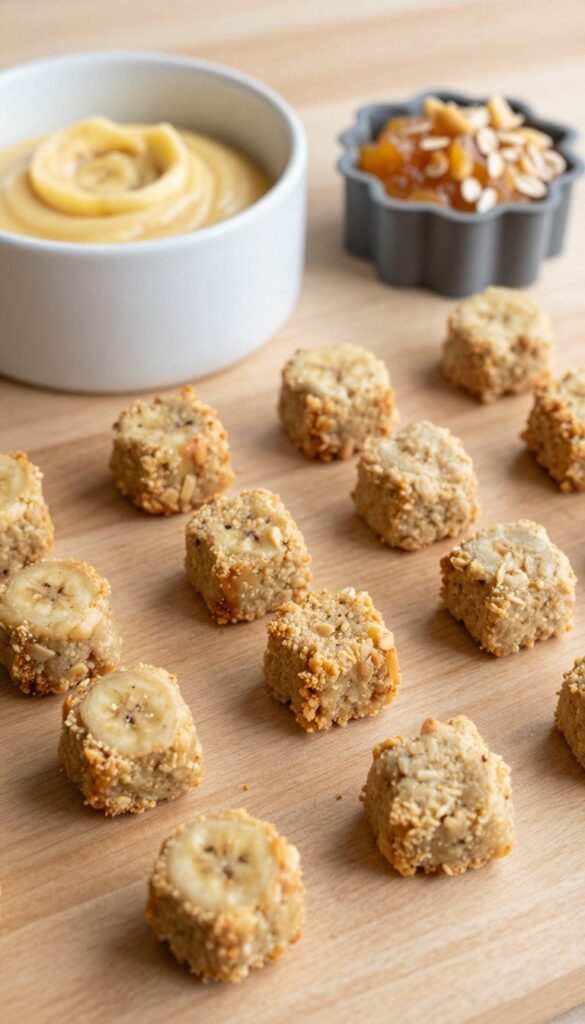 Homemade soft banana oat dog training bites on a wooden surface, with batter and a silicone mold in the background, showcasing a healthy, guilt-free snack for dogs.