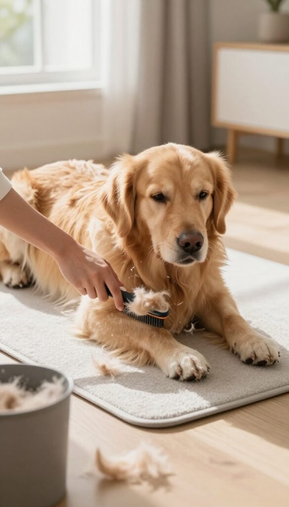 A Golden Retriever being brushed on a mat in a sunny living room to manage shedding, with loose fur visible and a trash bin for collection.
