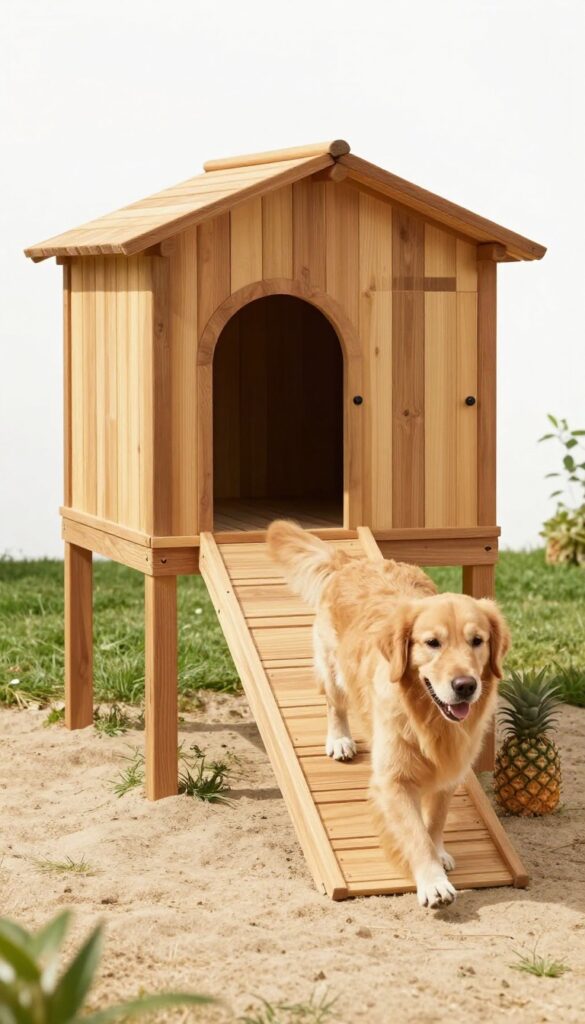 Elevated dog house with ramp for large dogs
