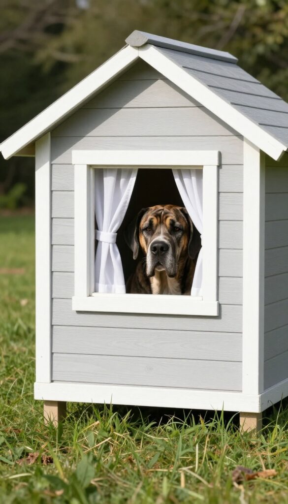 Extra large dog house with window and curtains, Great Dane peeking out