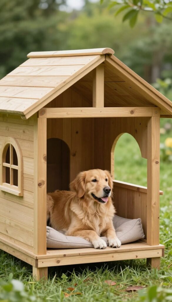 Wooden dog house with porch in sunny backyard