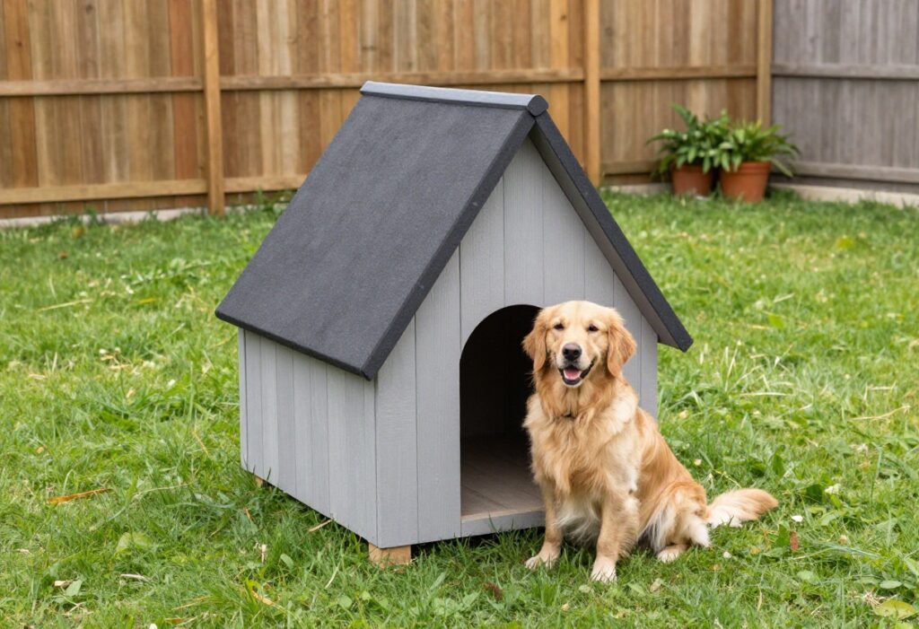 A gray A-frame dog house in a sunny backyard with a golden retriever sitting beside it.