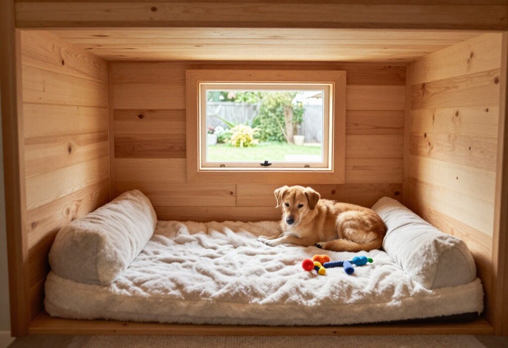 Cozy under stairs dog nook with a plush bed and a dog resting inside