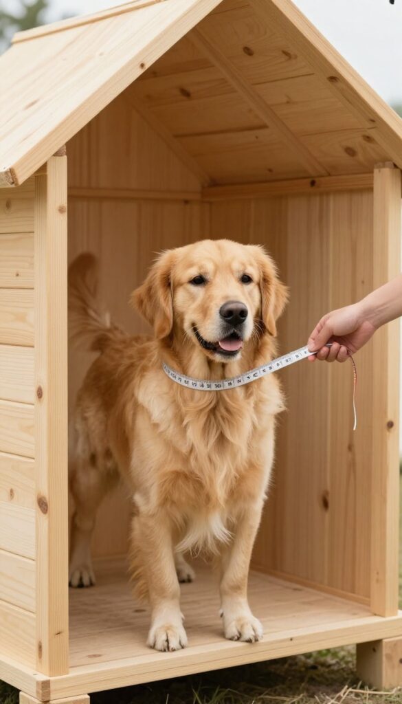 Person measuring a golden retriever for a dog house size