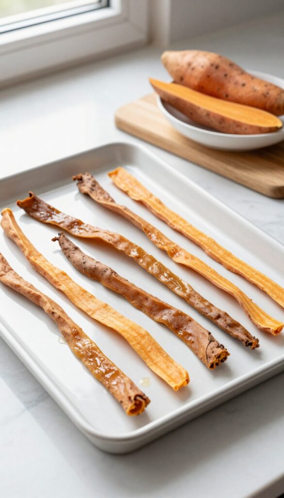 Homemade sweet potato chewy strips for dogs, arranged on a baking sheet with natural ingredients nearby, showcasing a simple, healthy dog treat recipe in a bright, clean kitchen setting.