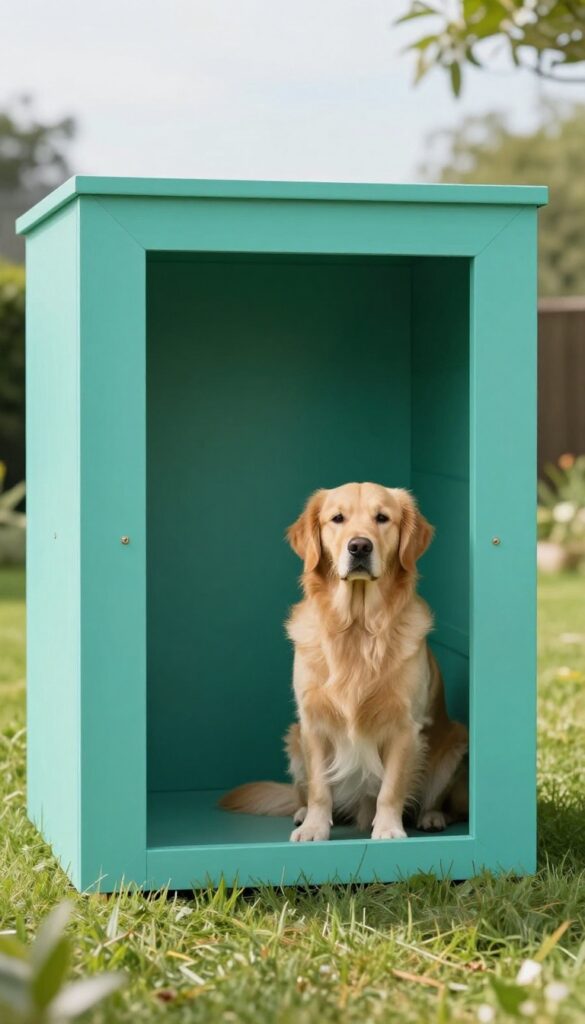 Minimalist cube dog house with large opening in teal color, golden retriever sitting inside, bright backyard setting