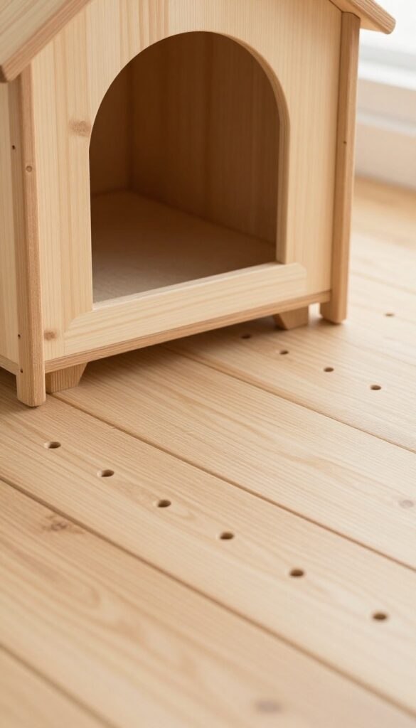 Raised floor with drainage holes inside a dog house, keeping the interior dry and clean.