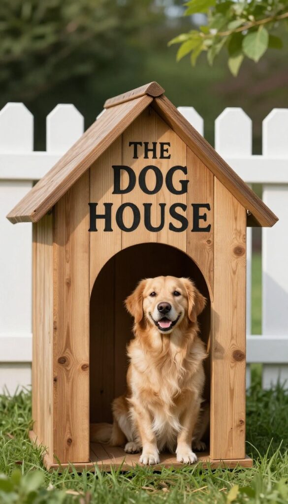 A rustic wooden sign reading 'The Dog House' on a white fence with a golden retriever beside it in a sunny backyard.