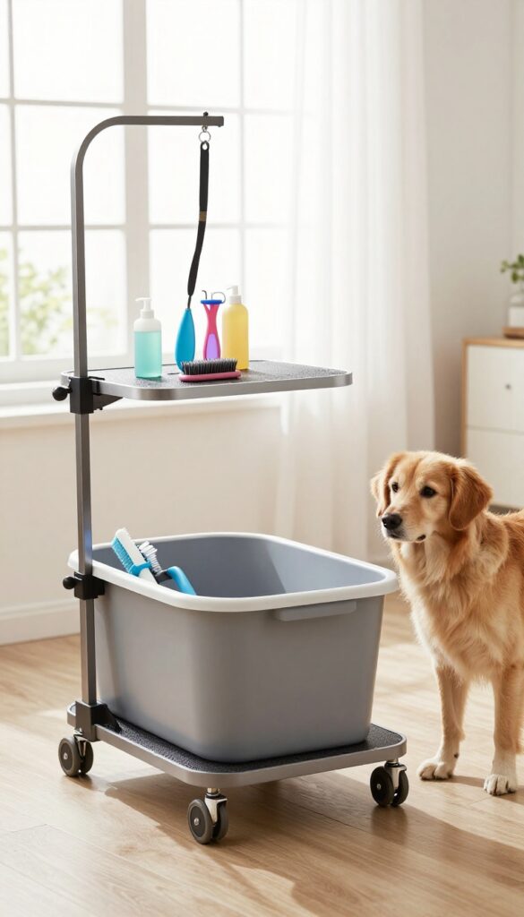A mobile dog grooming station with a plastic tub on wheels in a well-lit room, featuring grooming tools and a calm dog, ideal for flexible home grooming.