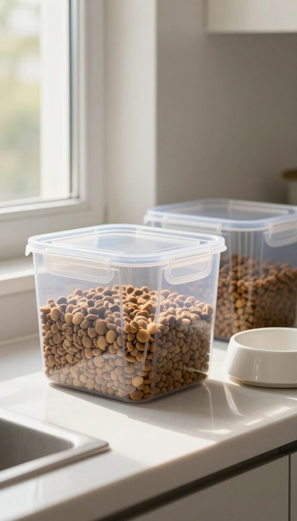 Clear airtight dog food container with visible kibble on a kitchen counter in natural light, next to an empty dog bowl.