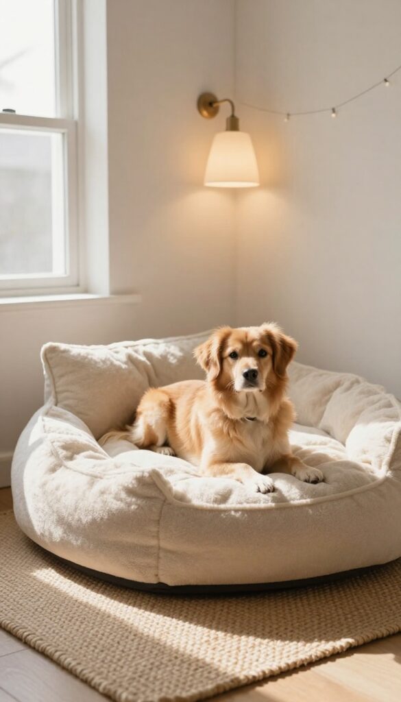 Cozy corner dog nook with plush bed, soft lighting, and rug in a bright living room
