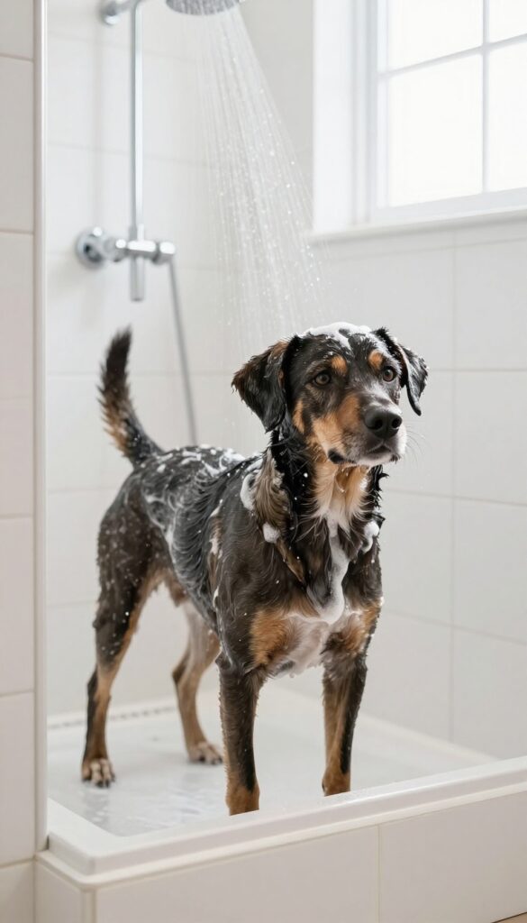 A photorealistic image showing a dog being bathed in a brightly lit laundry room shower with integrated LED lighting for better visibility during baths.