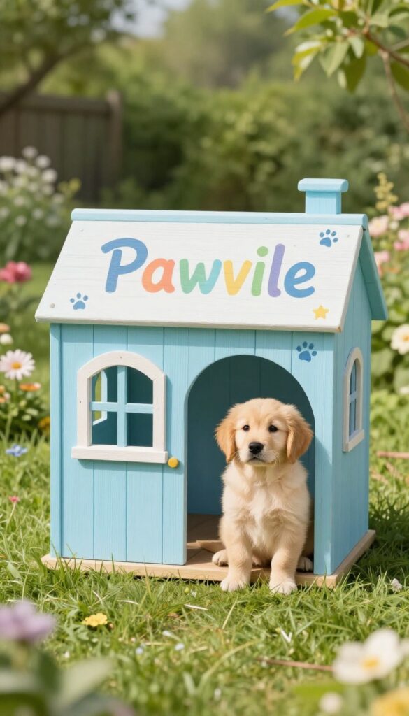 Whimsical pastel blue dog house with a custom sign reading Pawville in a sunny garden