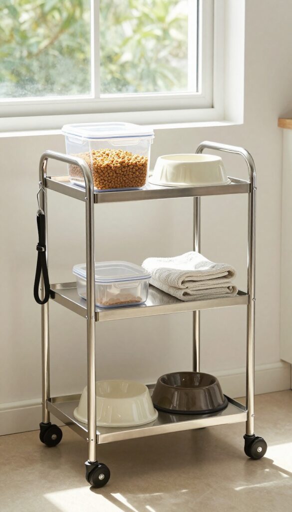 A rolling cart used as mobile dog food storage, featuring airtight containers, bowls, and accessories in a tidy setup under bright natural light.