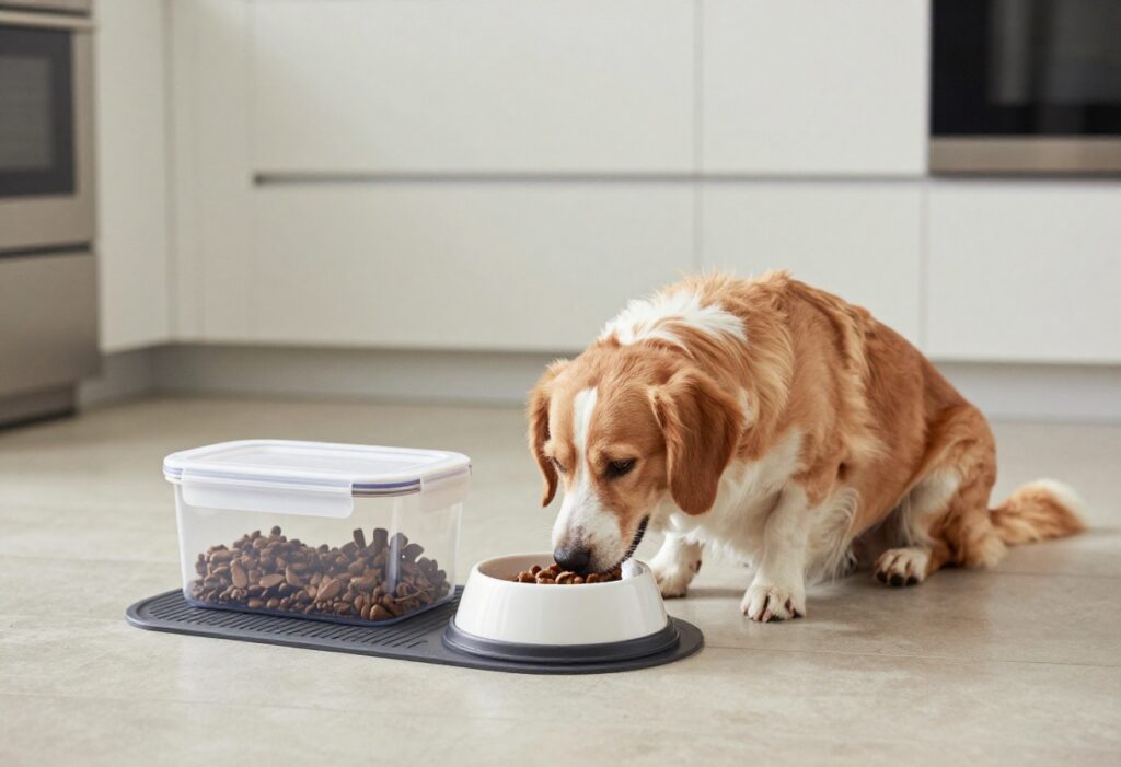 Dog at a tidy feeding station with storage container and bowls in a modern kitchen