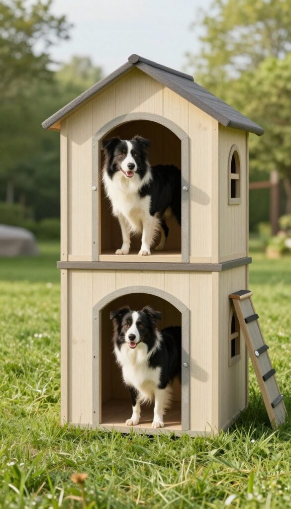 Two-story dog house with sleeping loft and ground floor hangout space, ramp with traction, and a dog on the upper level.