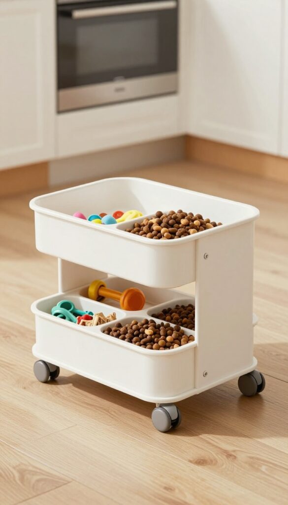 A rolling cart dog feeder with slide-out storage bins in a bright home setting, showcasing organized pet supplies.